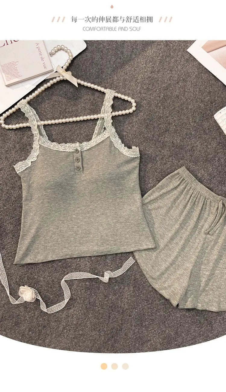 Casual Women Pajamas Summer Sleepwear Spaghetti Strap Shorts Sets 2 Pieces Night Wears O-neck Korean Sleeping Solid Home Suit