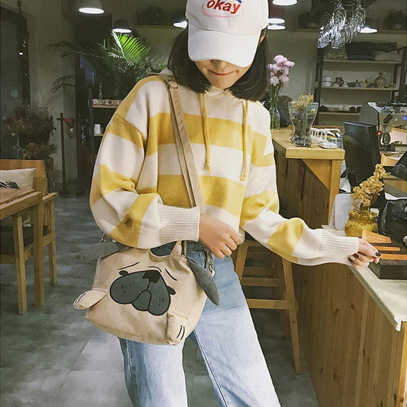 Cute Animal Handbags For Women Casual Travel Large Capacity Totes Shoulder Bags Pug Dog Corduroy Messenger Bag Feminine Bolsas