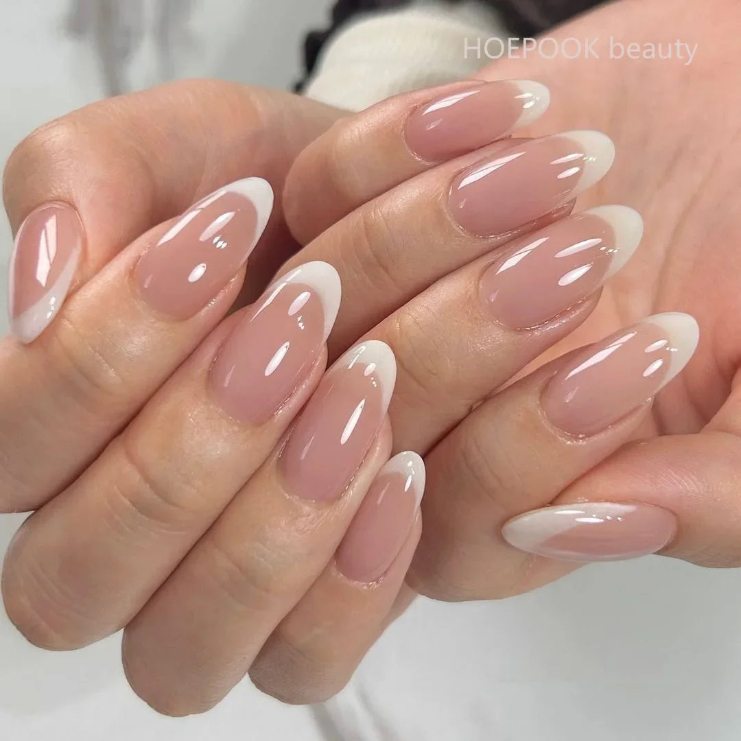 24pcs Nude French Fake Nails White Edge Almond False Nails Art Full Coverage Removable Waterproof Artificial Press on Nail