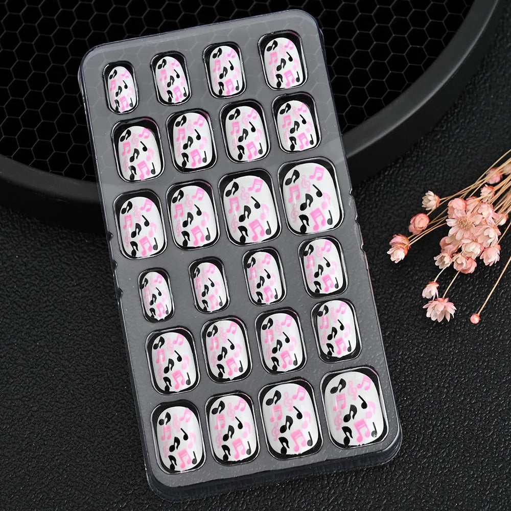 24Pcs Children Cartoon Nail Tips Colorful Cute Rabbit Pink Stars 6-14 Years old Girl Fake Nail With Jelly Glue Kids False Nail
