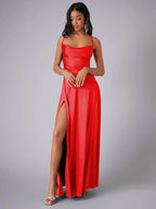 Backless Slimming Long Evening Dress Women Sexy V Neck Sleeveless Gown With Waist Tie For Formal Party Wedding Guest Maxi Dress