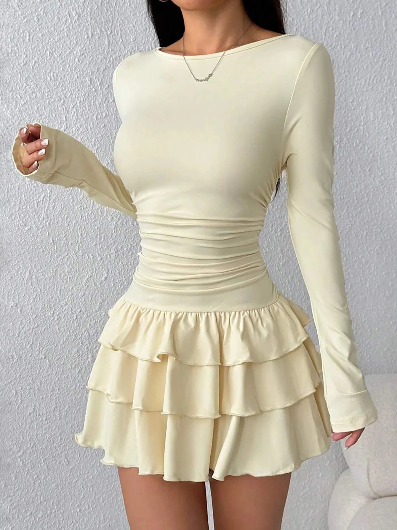 2025 Autumn Solid Slim Fit Cascading Ruffles Mini Dress Winter Women Elegant Flare Sleeve High Waist Sexy Party Bodycon Dresses