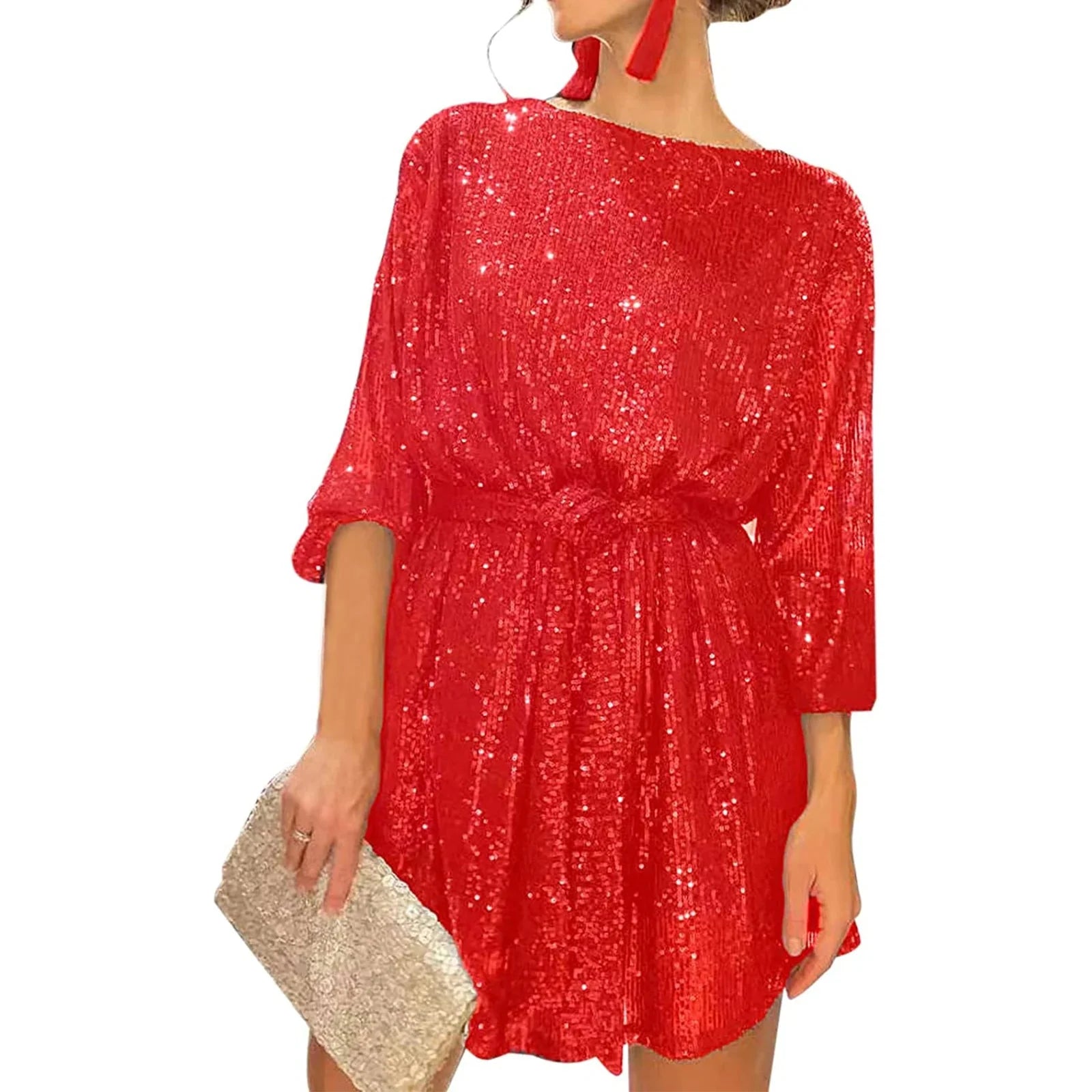 2024 New Fashion Women´s Autumn Sequin Party Dress, Sparkle Long Sleeve Round Neck Short Cocktail Dress with Belt