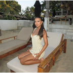 Elegant Knit Women's Summer Dress Elegant Pearl Decoration Square Collar Sleeveless Female Short Dresses Chic Ladies Beach Robe