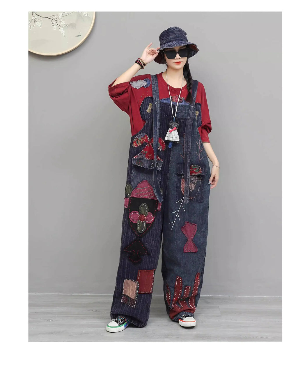 Hand Embroidery Old Cloth Patchwork Wide Leg Strap Long Pants Women Autumn Loose High Waist Jumpsuit LX4343