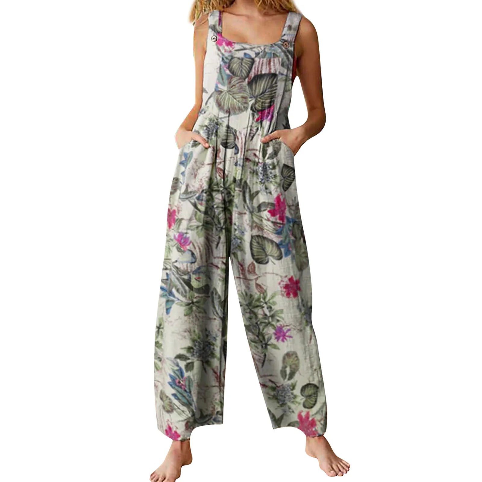 5XL Women Jumpsuit Vintage Leaf Floral Print Square Neck Sleeveless Rompers Overalls with Pockets Y2k Harajuku Streetwear