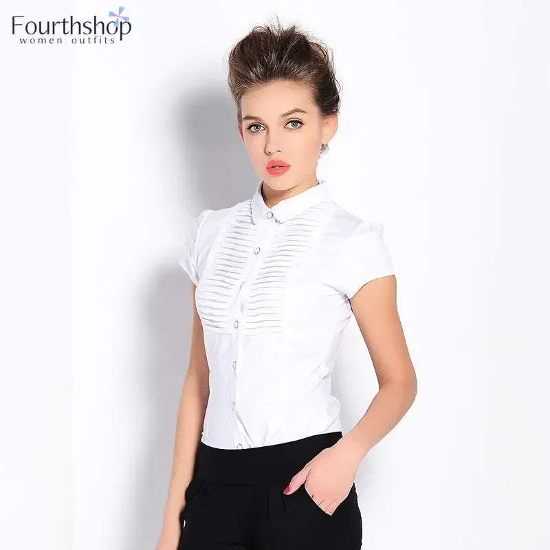 Elegant Bodysuit Women Short Sleeve White Color Shirring Design Blouses And Tops Office Lady Work Wear Formal Body Shirt Female