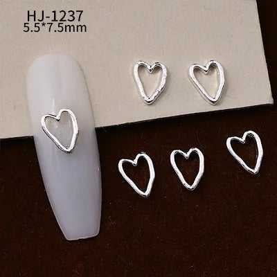 20PCS 3D Glossy Gold Silver Metallic Love Heart Various Crook Frame Solid Alloy Nail Art Rhinestones Decorations Manicure Charms