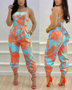 Elegant Women's jumpsuit 2024 Summer Fashion Strap Hollow Sexy Off waist Printed jumpsuit