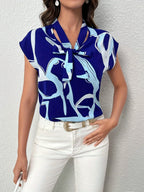Brush Print Tie Neck Blouse, Elegant Short Sleeve Top For Spring & Summer, Women's Clothing