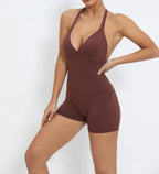 Gym Sport Jumpsuit Short Jumpsuit with Pocket Women Sportswear One Piece Yoga Set Sexy Backless Scrunch Fitness Overalls Romper