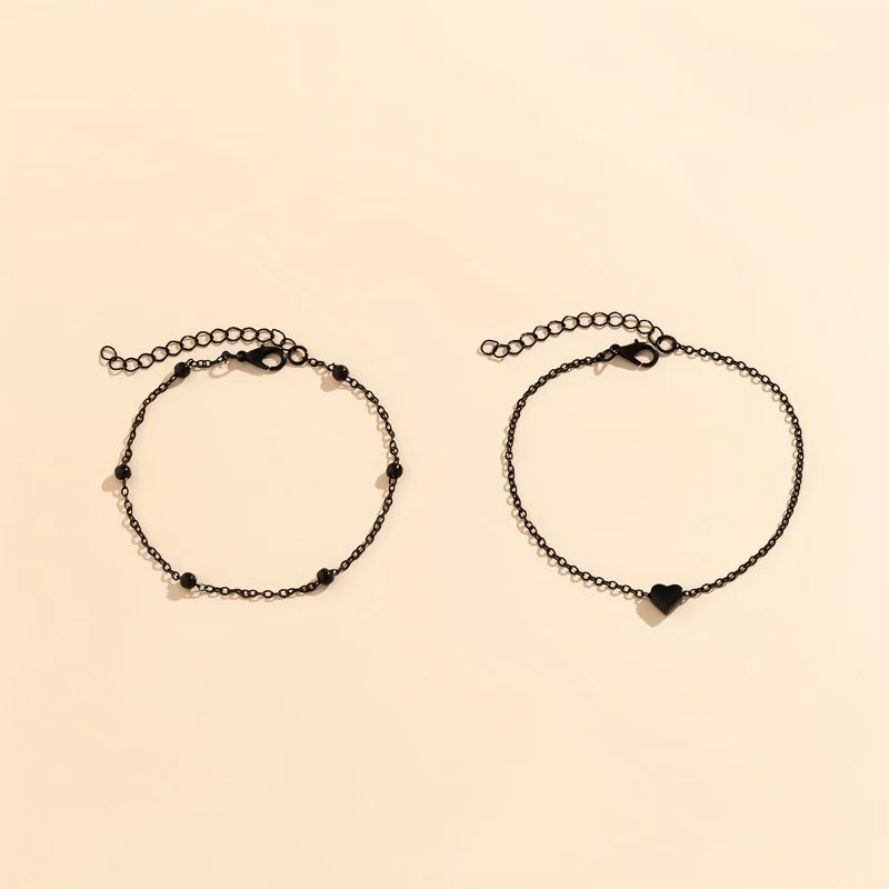 Double Tiny Heart Chain Anklets for Men Women Teen Girls, Black Tone, Ankle Bracelets Hypoallergenic Adjustable