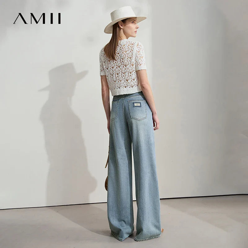 AMII Minimalist Blue Jeans Women 2025 Summer New Versatile Denim Wide Leg Pants Low Waist Thin Casual Loose Trousers  12542121