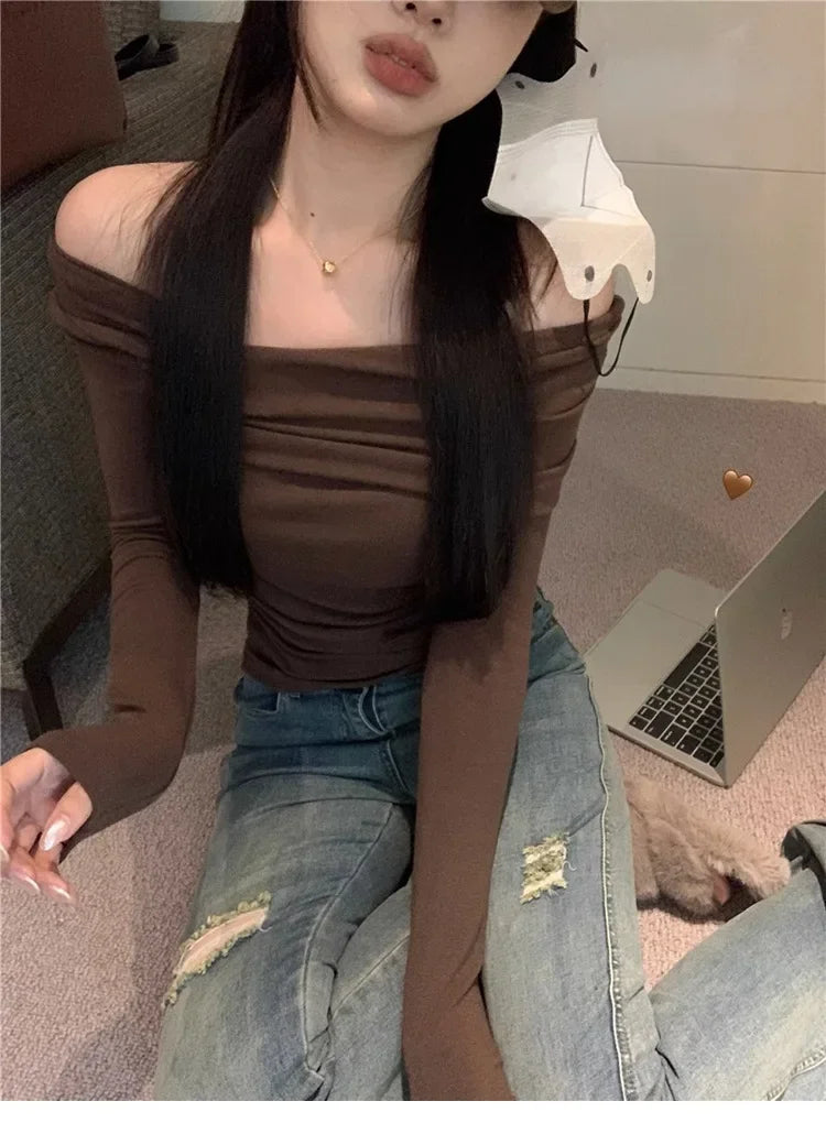 Elegant Off-Shoulder Long Sleeve Knitted Top For Women 2023 Autumn Slimming Smooth Base Layer T-Shirt Polyester Fiber Full Sleev