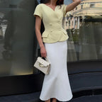 Elegant Short Sleeve Women's Top 2025 Summer Fashion V-neck Button Slim Office Lady Commuting Tops Street Solid Female Shirt