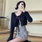 Casual Knitted Cardigan Women Fashion Thin Sunscreen Lace-Up Knitwear Tops Y2k Girls Korean Style Flare Sleeve Cropped Coat