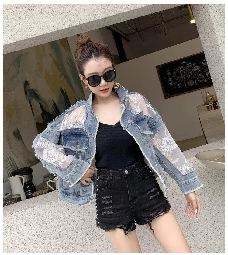 Cotton Denim Coat Women Lace Spring Autumn Ropa Cardigan Jeans Maxi Punk Gothic Bomber Jacket Windbreaker Y2k Jackets Korean