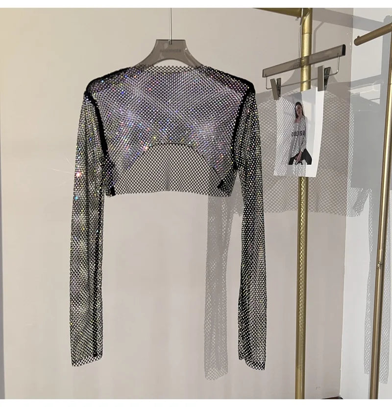 2023 new sexy bright diamond short top Slim thin Ms. hot drill long-sleeved T-shirt sexy leak waist nightclub