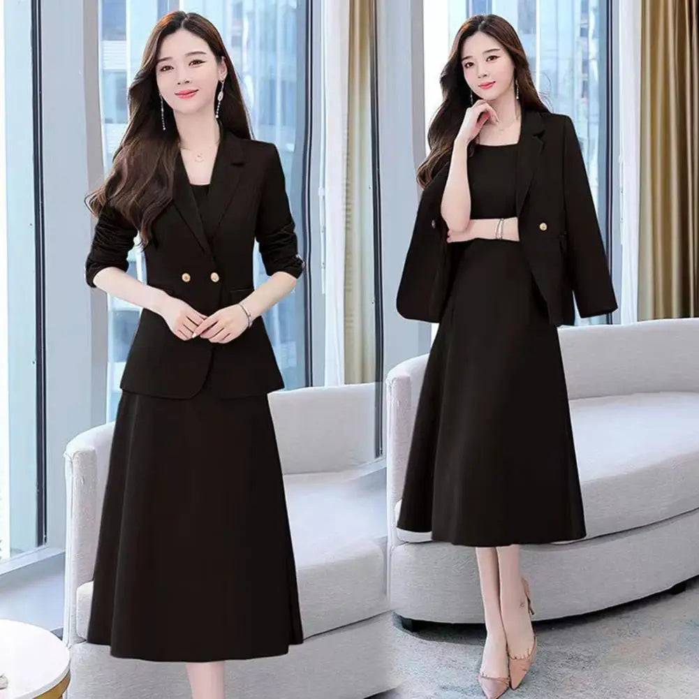 2Pcs/Set Summer Women Suit Dress Outfit  Solid Color Mid-length Lady Dress Sets Light Luxury Commute Sling Dress Coat Set