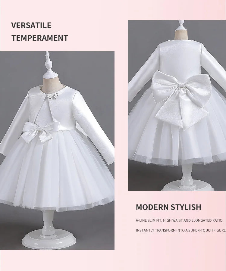 ELBCOS 4-14Y Girls Tie Crew Neck Long Sleeves Solid Color Fold Skirt Cardigan Coat Waist Bow Costumes Princess Party Dress Suit