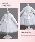 ELBCOS 4-14Y Girls Tie Crew Neck Long Sleeves Solid Color Fold Skirt Cardigan Coat Waist Bow Costumes Princess Party Dress Suit