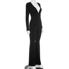 2025 Women Autumn Black Long Sleeve V Neck Jumpsuits Streetwear Bodycon Sexy Sporty Casual Rompers Fashion Overall Body Tops
