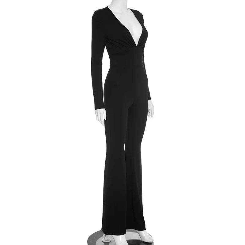 2025 Women Autumn Black Long Sleeve V Neck Jumpsuits Streetwear Bodycon Sexy Sporty Casual Rompers Fashion Overall Body Tops