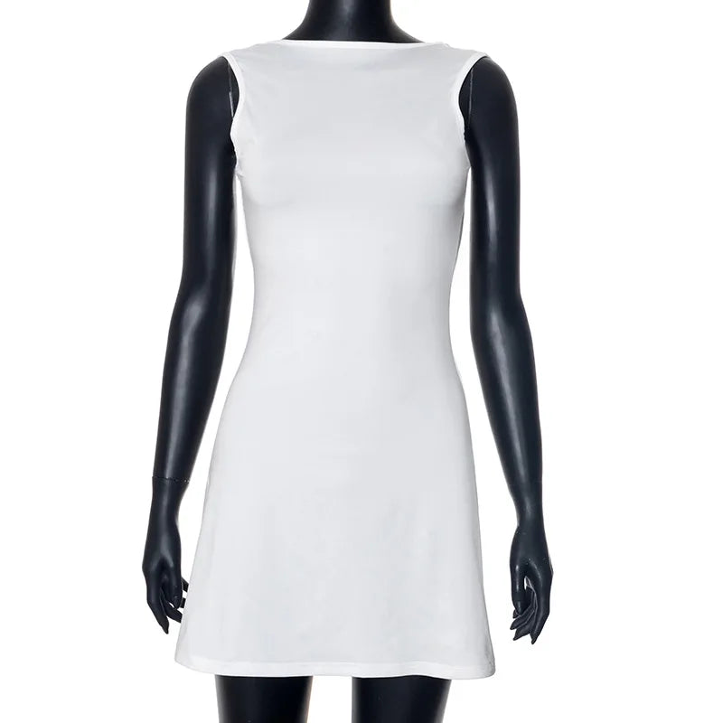 Elegant Sleeveless Backless Slim Fit Mini Dress Women Chic Round Collar A-line Short Dress 2025 Ruffle Edge Casual Dresses