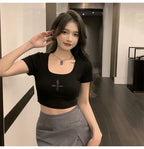 2025 Summer tshirt Women Black Cross Print Short T-Shirt Sexy U Neck Crop Top Short Sleeve Tops Tee Female Shirts