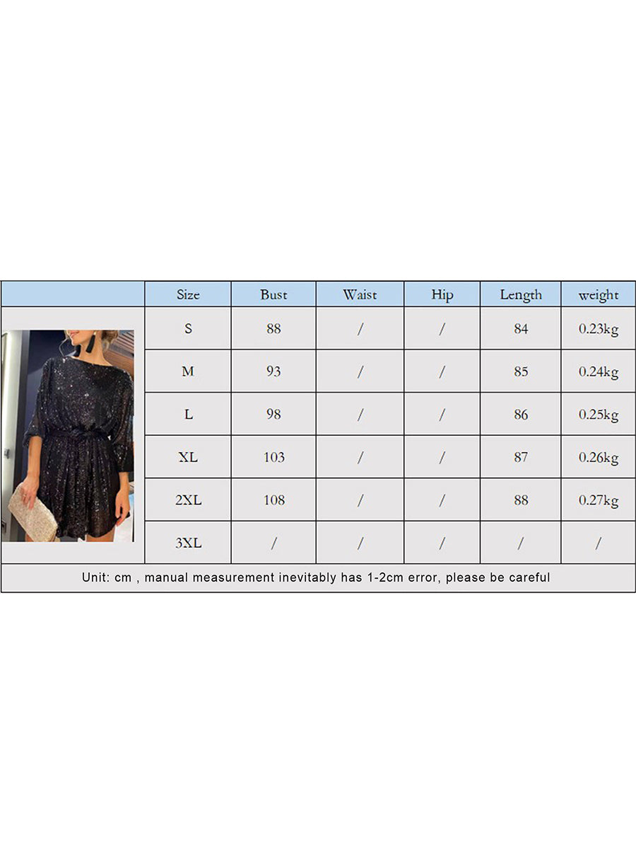 2024 New Fashion Women´s Autumn Sequin Party Dress, Sparkle Long Sleeve Round Neck Short Cocktail Dress with Belt