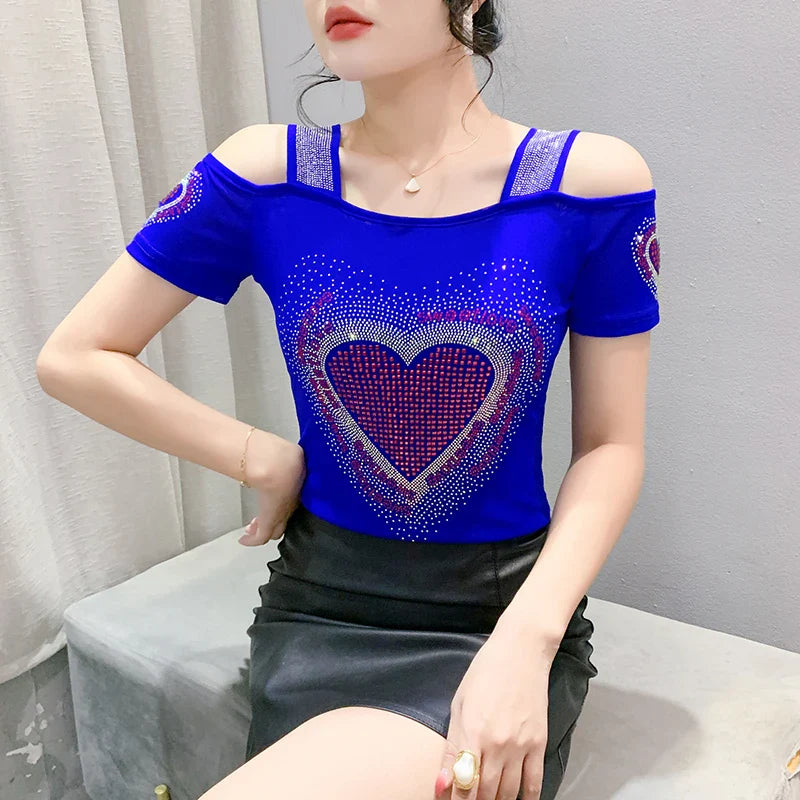 Aoxison Summer Short Sleeved Women's T-Shirt Elegant Slim Shiny Love Heart Diamonds Mesh Tops Chic Girl Sexy Off Shoulder Tees