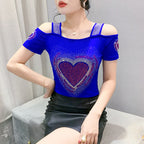 Aoxison Summer Short Sleeved Women's T-Shirt Elegant Slim Shiny Love Heart Diamonds Mesh Tops Chic Girl Sexy Off Shoulder Tees