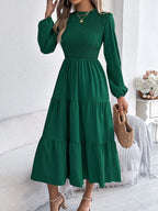 Autumn Winter Elegant Dresses for Woman Solid Color Round Neck Long Sleeve Ruffled Dresses Khaki Green Red