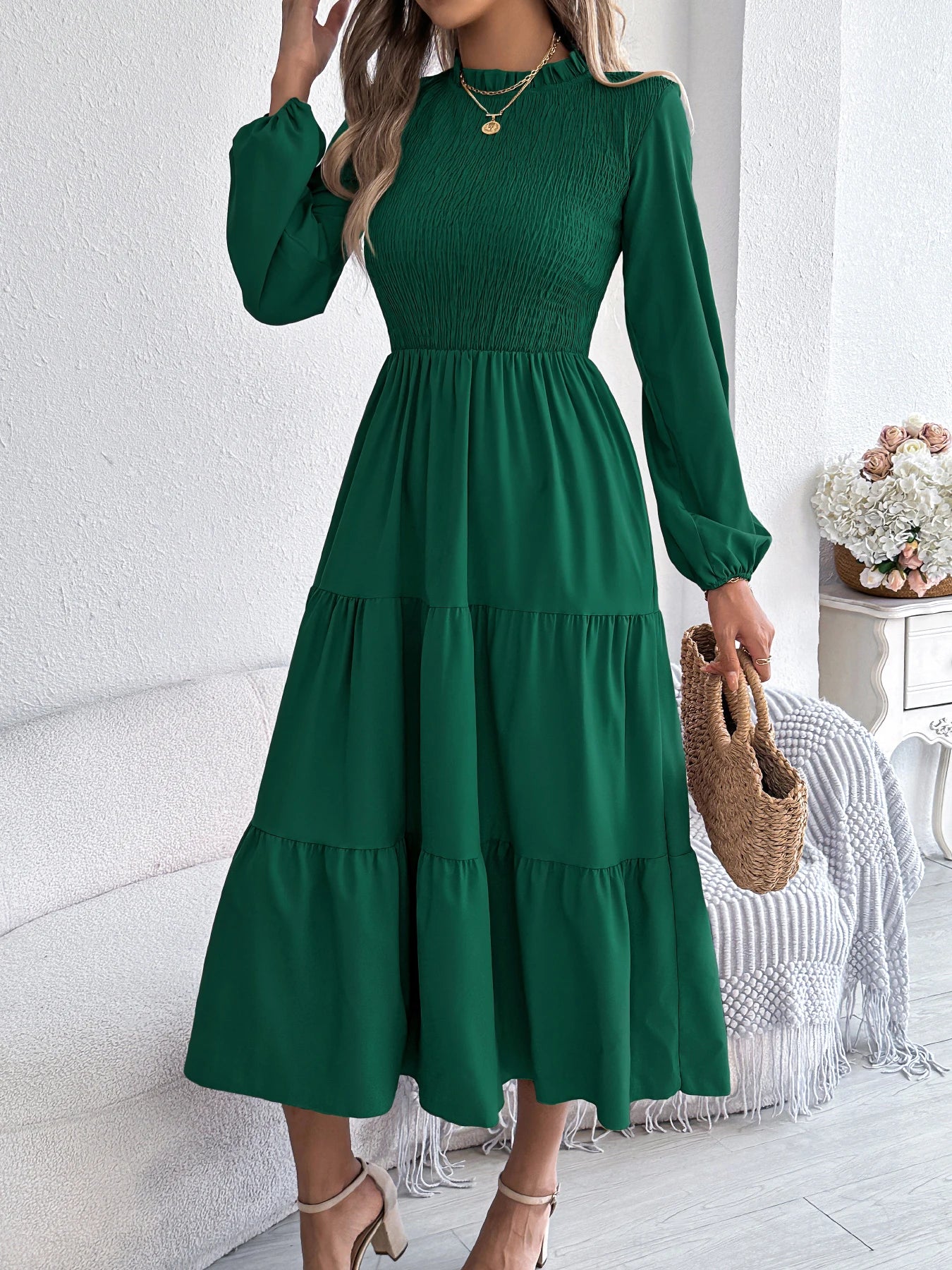 Autumn Winter Elegant Dresses for Woman Solid Color Round Neck Long Sleeve Ruffled Dresses Khaki Green Red