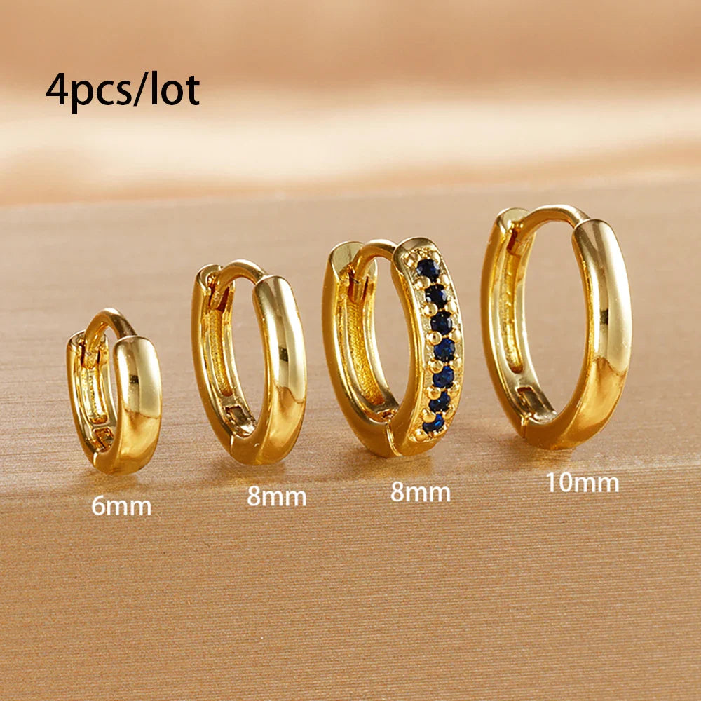 4PCS Set Stainless Steel Huggie Minimal Hoop Earrings 6/8/10mm Crystal Zirconia Helix Tragus Cartilage Earrings Piercing Jewelry