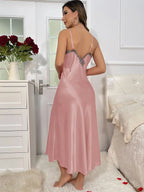 2cs Contrast Lace  Long Sleeve Belted Robe V Neck Slip Dress Sexy Elegant Women Pajamas  Sets