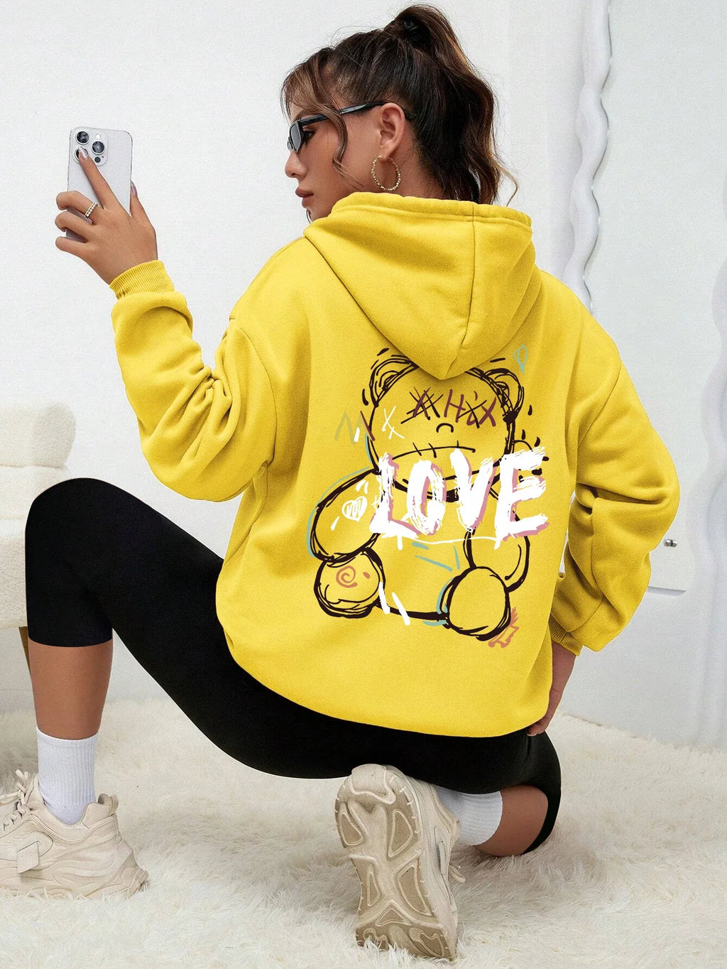 Graffiti Line Bear Simple Print Female Hoody Harajuku S-Xxl Sweatshirt Fashion Casual Street Hooded Autumn Warm Streetwear Women