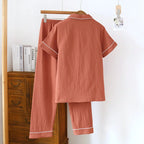 2025 New Japanese Spring/Summer Couple Pajama Set 100% Cotton Crepe Short Sleeve and Long Pants Two Piece Home Suit Thin Style