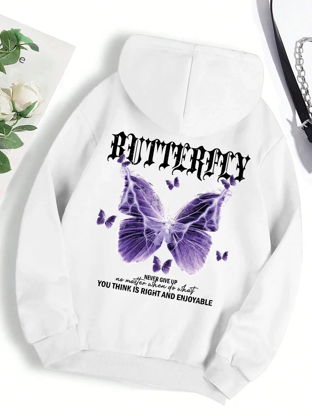 Beautiful Purple Butterfly Printing Hoodies Women Fleece Pocket Hoody Simple Casual Hoodie Autumn Loose Female Streetwear