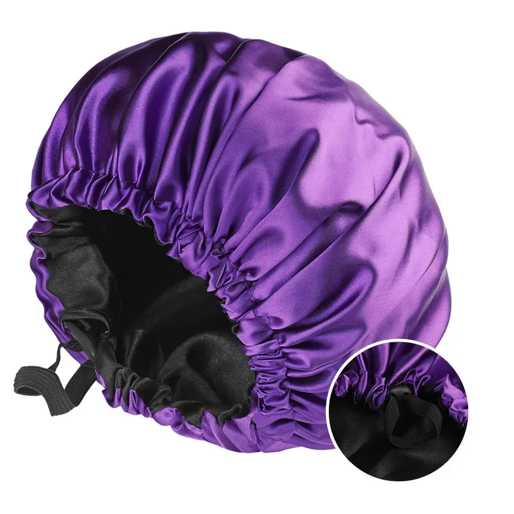 Adjustable Double Layer Satin Bonnet Nightcap Doubleside Women Round Shower Caps Night Sleep Polyester Hat Solid Black Lining