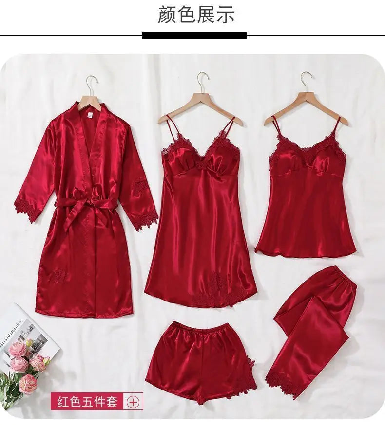 5PCS Women's Ice Silk Sexy Pajama Set Breathable Lace Satin Pajama Bathrobe Five Piece Set Casual Home Clothes Spring and Summer