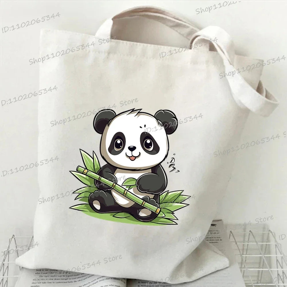 Canvas Bag for Women Cartoon Panda Printed Shopper Handbags Storage Reusable Canvas Shoulder Bag China Panda Female Tote Bag
