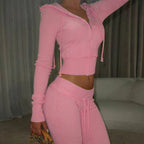 BIIKPIIK Drawstring Hooded Hoodie Suits Autumn Winter Solid Zipper Women Casual Pants Set Street Sporty Sweatshirt Two Piece Set