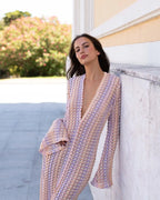 Crochet Colorful Stripe Flare Sleeve Maxi Dress Women V-neck High Split Sexy Lace Long Dresses 2024 New Beach Banquet Vestidos