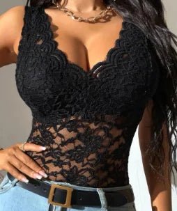 Blouse for Women Slim Deep V Neck T-Shirt 2025 Sexy Scallop Trim Lace Patchwork Glitter Flower Embroidery See-Through Shirt