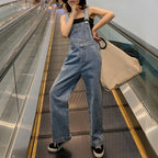 Denim Jumpsuit Summer Women Vintage Preppy Style Pockets Loose Fit High Waist Wide Leg Overalls Streetwear Straight Jeans