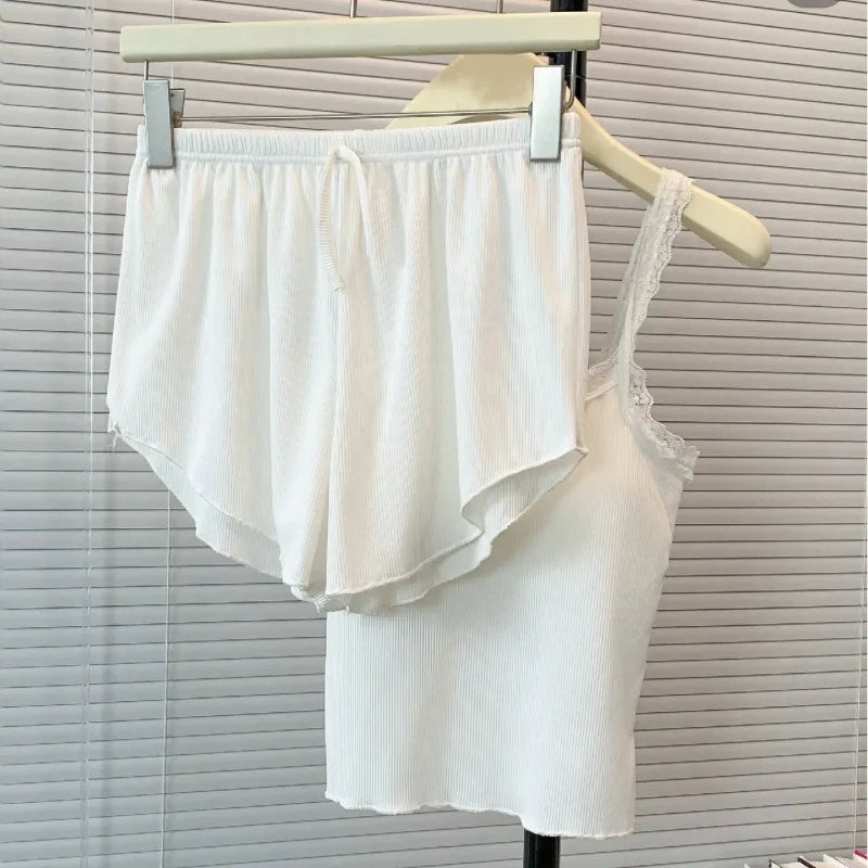 Casual Women Pajamas Summer Sleepwear Spaghetti Strap Shorts Sets 2 Pieces Night Wears O-neck Korean Sleeping Solid Home Suit