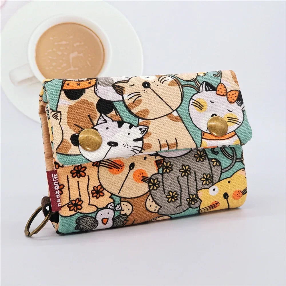 1pcs New Canvas Cartoon Totoro Cat Printed Flower Dog Women Short Wallet Cute Mini Money Key Bag Coin Pocket Purse for Children