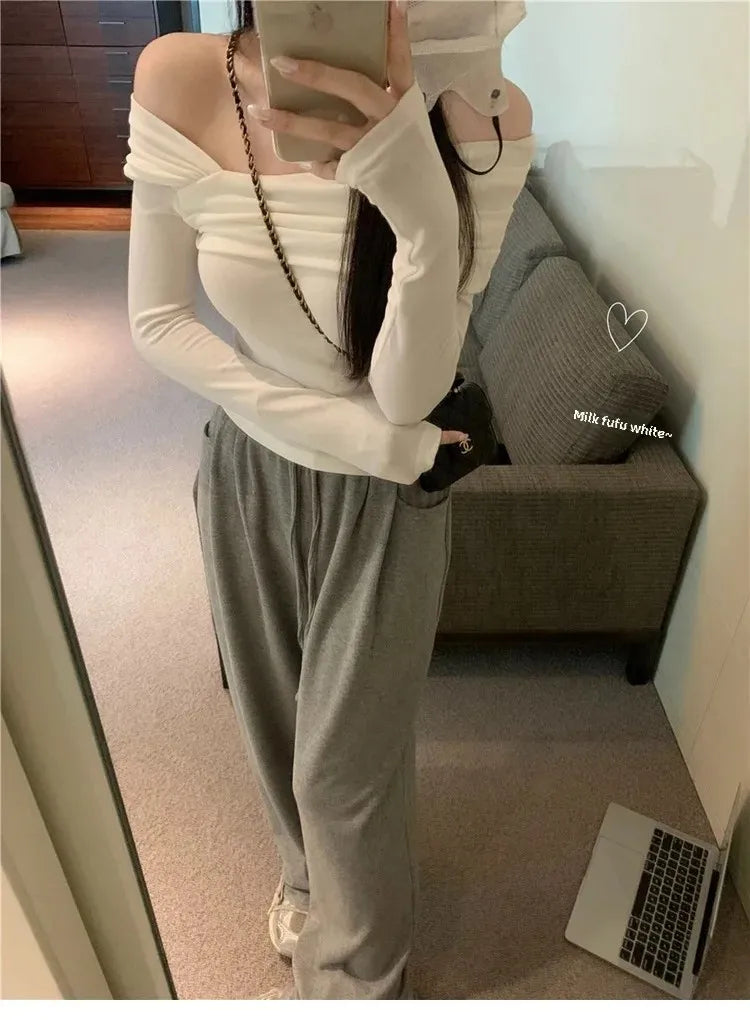 Elegant Off-Shoulder Long Sleeve Knitted Top For Women 2023 Autumn Slimming Smooth Base Layer T-Shirt Polyester Fiber Full Sleev