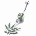 1/2pcs 316L Stainless Steel Leaf Belly Button Ring for Women, Green Maple Leaf Dangle Belly Barbell Navel Body Piercing Jewelry